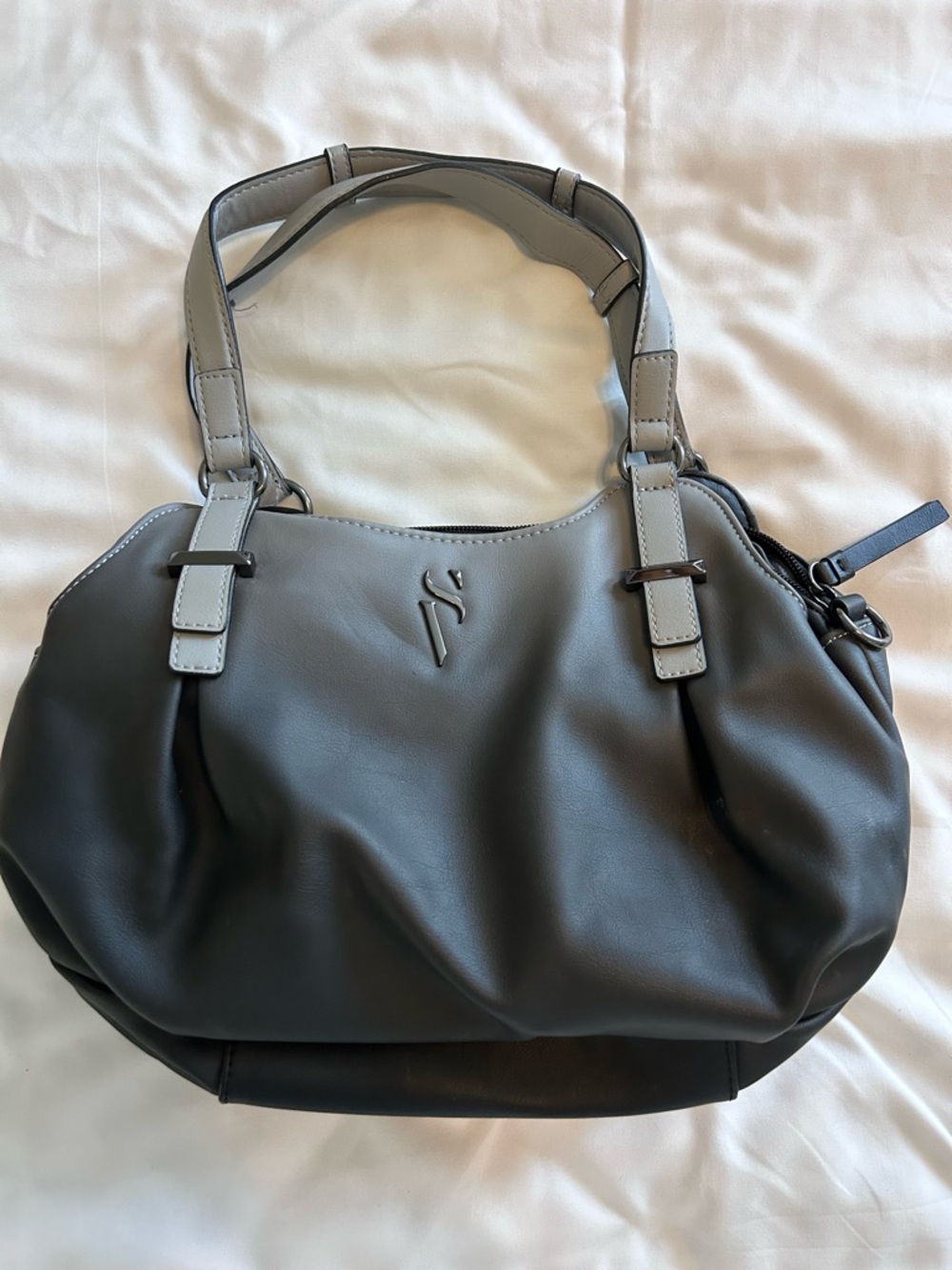 Gray Leather Tote Bag with Shoulder Straps